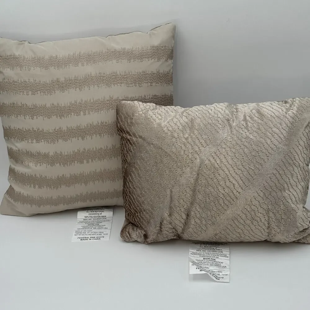 Set of 2 Gold Textured and Gold Stripe Throw Pillow Decor 14x14‎ and 14x10 NWOT